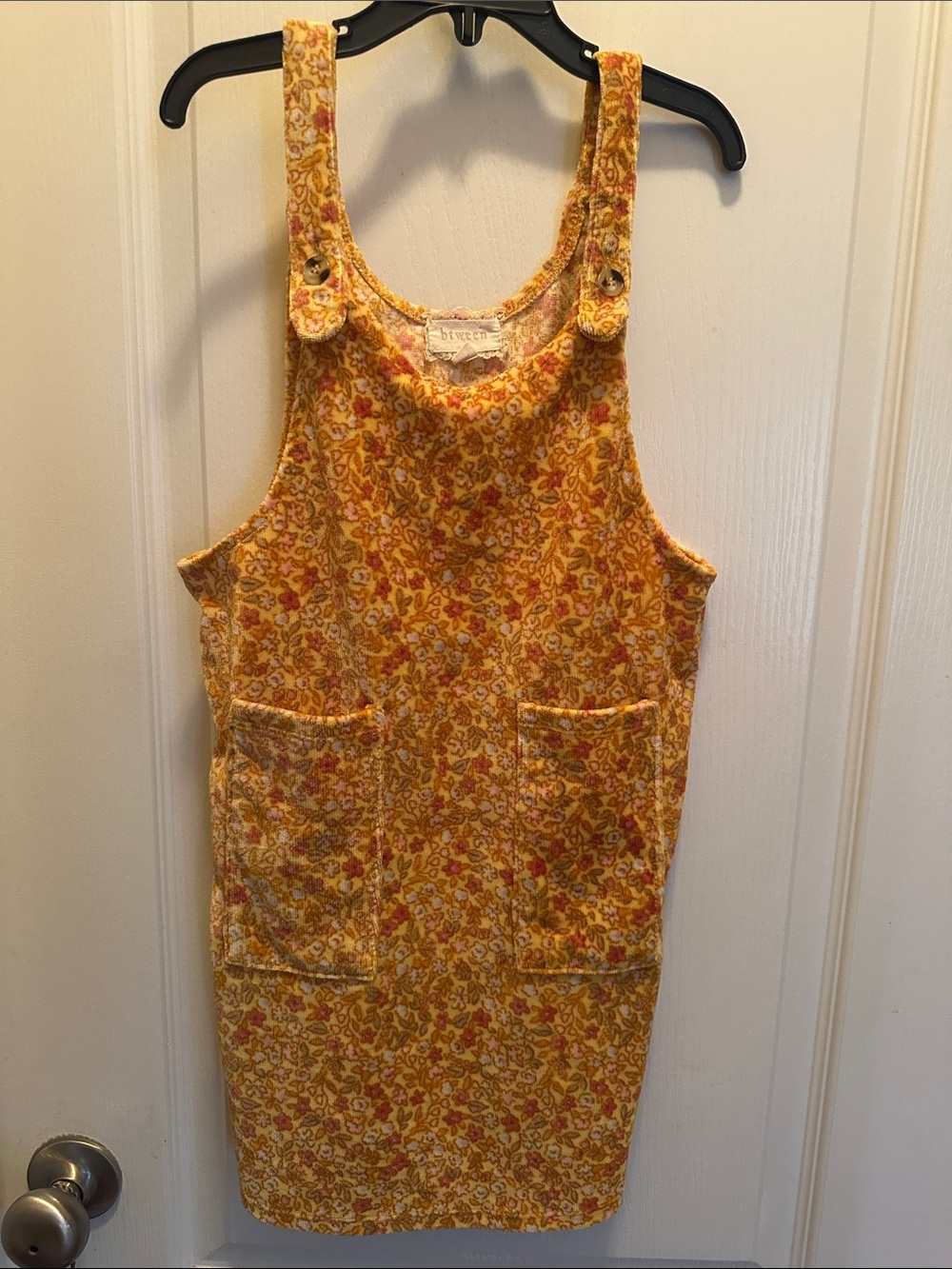 Girls' Yellow Floral Pinafore Dress with Front Pockets